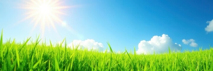 Bright sunlit meadow, soft focus blue sky, lush green grass, scene, spring