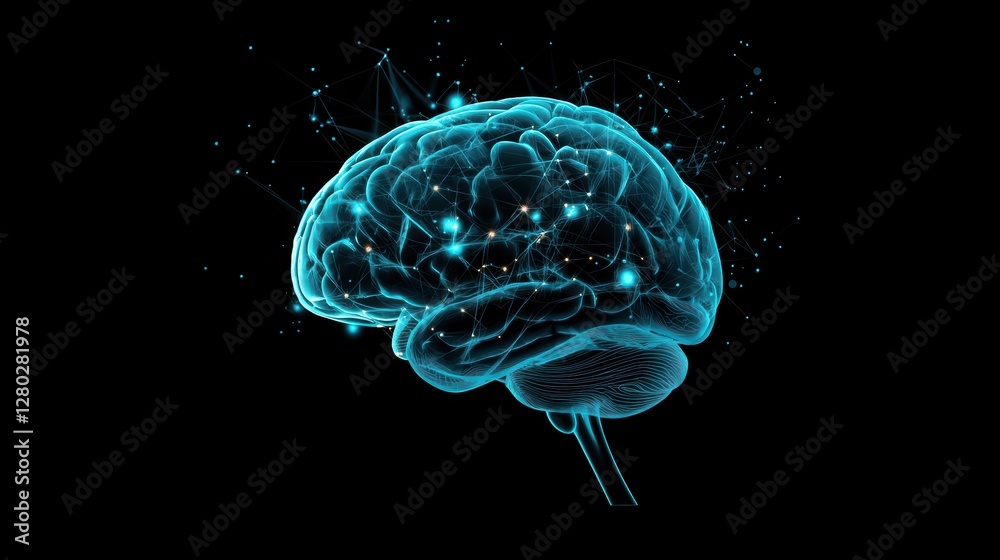 Poster a human brain rendered in 3d with glowing neural networks superimposed on it, representing the conce