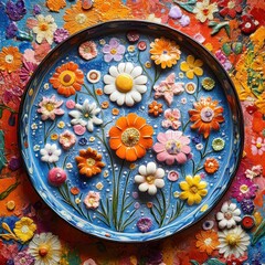 Vibrant Floral Artwork Featuring Colorful 3D Flowers on a Bright Background with Artistic Patterns