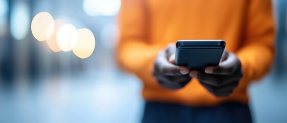 financial inclusion payments growth concept. A person wearing an orange sweater holds a smartphone, illuminated by soft bokeh lights in the background.