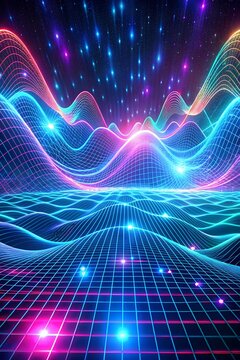 Neon abstract technology elements forming a network of glowing lines and lights in a 3D space.