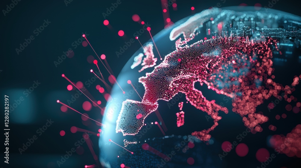 Poster a glowing globe with data streams flowing into and out of various locations, representing the global