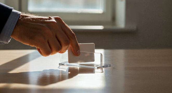 Hand placing a business card in a clear holder on a desk in a bright office setting during daylight