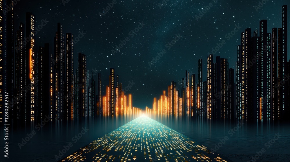 Poster a futuristic cityscape at night with buildings illuminated by streams of binary code, depicting a wo