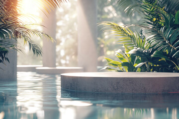 Lush green plants surround a serene pool reflecting the clear blue sky, creating a peaceful oasis in a tropical setting.