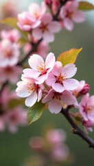 Fototapeta premium Pastel pink pear flowers bloom on tree branches, leaves, gentle, hues