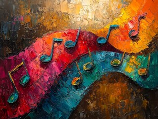 Obraz premium Vibrant musical art installation with colorful notes gallery space abstract painting artistic environment close-up view