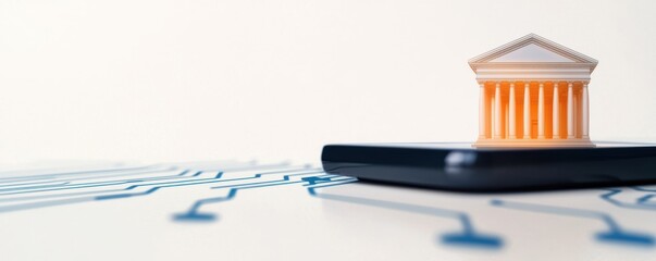 financial inclusion payments growth concept. A smartphone displays a miniature classical building, symbolizing the intersection of technology and architecture.