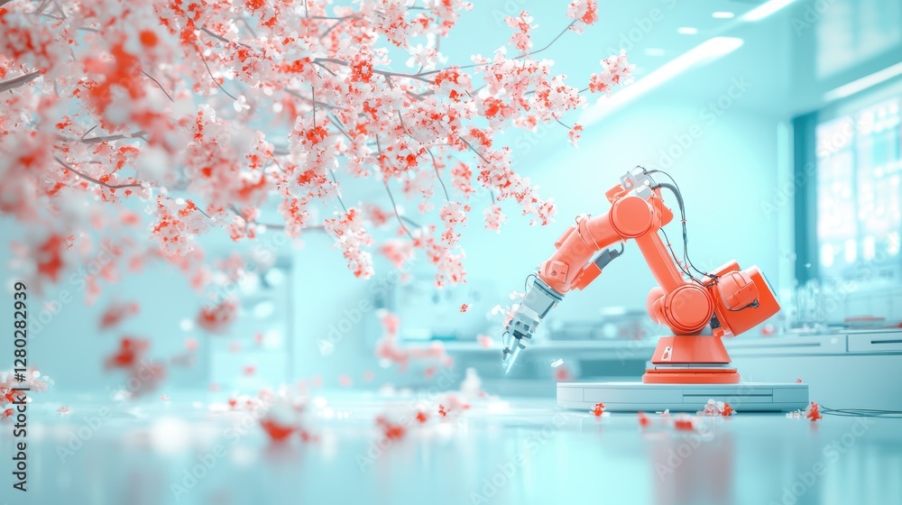 Poster a laboratory setting with scientists working on advanced robotics, artificial intelligence, and othe