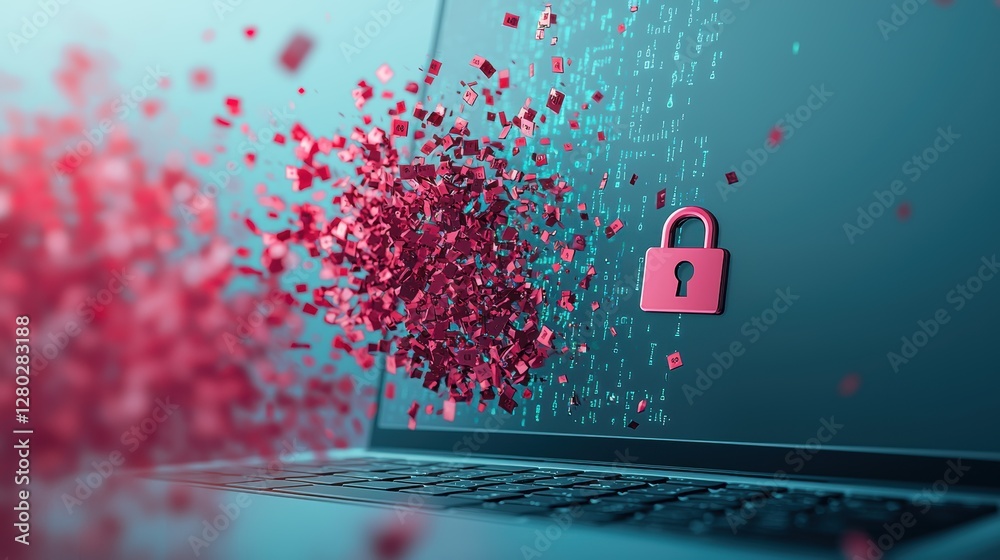 Poster a laptop screen displaying lines of encrypted code with a padlock icon in the foreground, highlighti