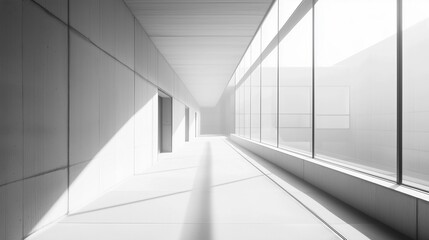 Obraz premium A long, empty hallway with a window on the right. The window is letting in a lot of light, making the hallway look bright and spacious