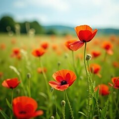 Vibrant red poppy blooms amidst swaying summer meadow grasses , image, detail, texture