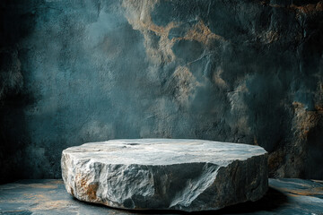 Large stone on dark background, with sharp edges and intricate patterns.