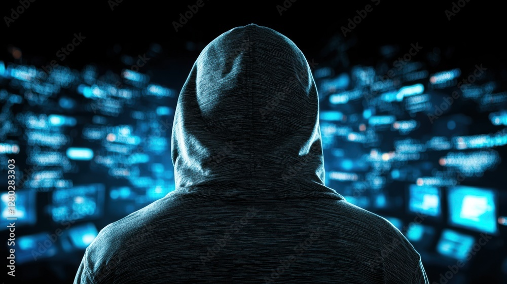 Poster a hooded figure in a dark room, illuminated by the glow of multiple computer screens displaying line