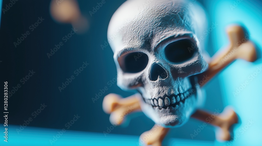 Poster a close up shot of a computer screen displaying a skull and crossbones warning, indicating a cyberat