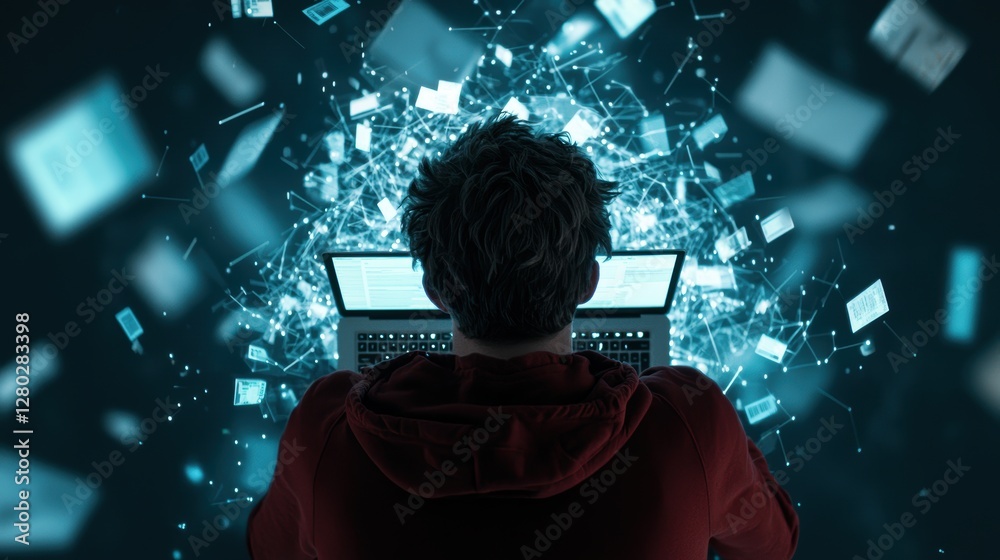 Poster a shadowy figure typing rapidly on a laptop keyboard, surrounded by digital displays showing network
