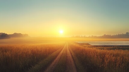 Obraz premium Solar panels on a wide, open field, renewable energy, bright sky