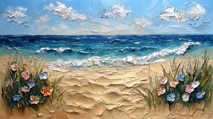 Relaxing day at the beach oceanfront oil painting coastal landscape scenic view serenity of nature