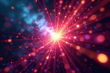 Naklejka premium Close-up, glowing fiber optic core, vibrant color explosion, core, close-up