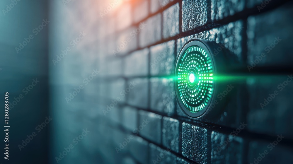 Poster a close up shot of a server room with a firewall device displaying a green status light, indicating 