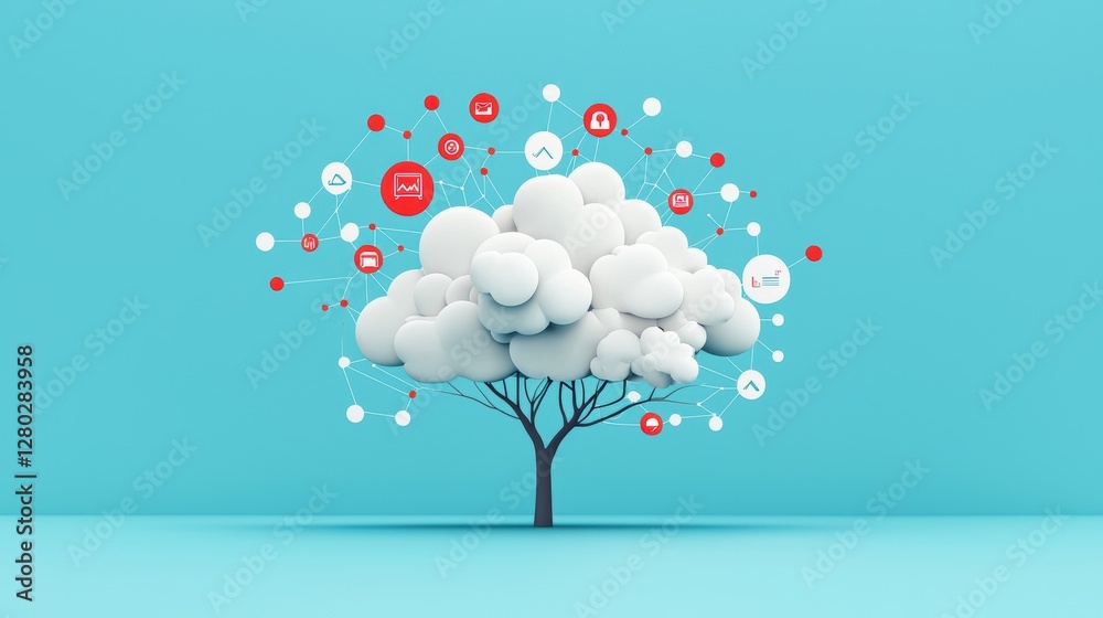 Poster an illustration of a network of interconnected devices accessing data stored securely in a cloud, pr