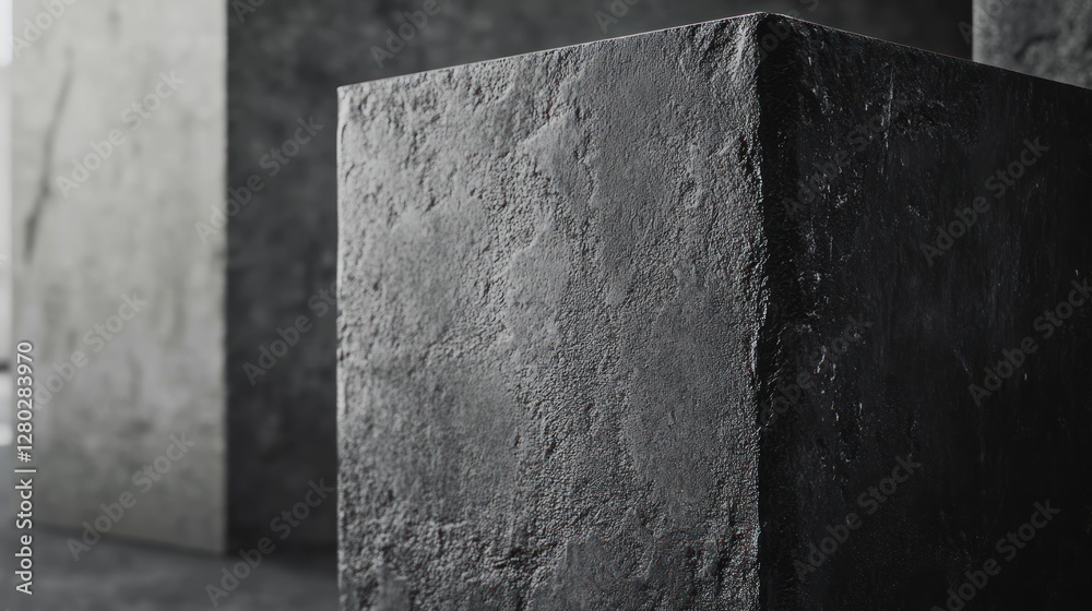 Aufkleber close-up of a dark gray, rough-textured cubic stone block, with blurred lighter gray blocks in the b