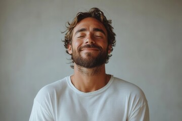 Obraz premium Happy smiling man standing with closed eyes full body, having relaxation while meditating, trying to find balance and harmony isolated. Yoga and meditation. white background 