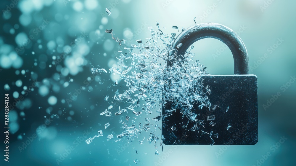 Poster a close up shot of a broken padlock with data streams leaking out, symbolizing a data breach and the
