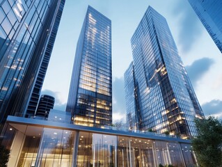 Fototapeta premium Modern Skyscrapers, Cityscape, Evening, Illuminated Office Buildings