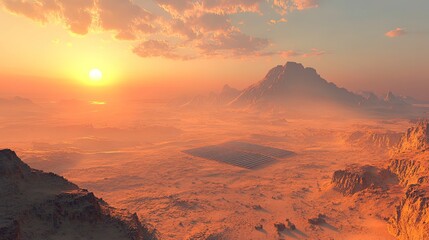 Naklejka premium Solar panels on a desert landscape, clean energy concept, wide sky view 