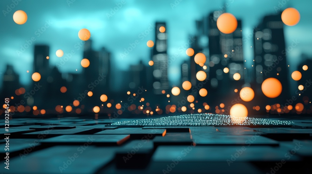 Poster a futuristic cityscape with blockchain networks overlaid, representing the integration of blockchain