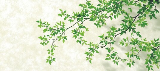 Fototapeta premium A delicate green branch with lush leaves against a soft, neutral background, conveying a sense of tranquility and nature.