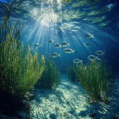 Obraz premium Underwater serenity exploring a seagrass meadow in the mediterranean nature's floral haven marine life's home