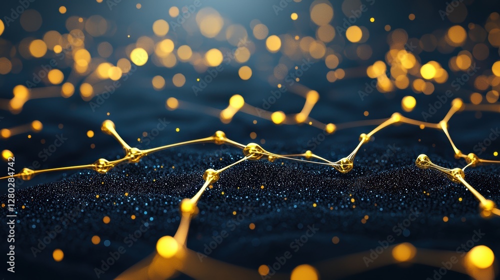Poster a complex network of glowing nodes and lines forming intricate patterns against a dark background, r