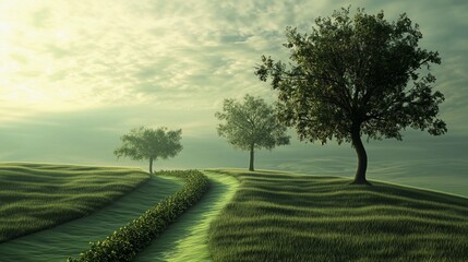 A path winds through a grassy field with three trees in the foreground. The sky is cloudy and the sun is setting, creating a peaceful and serene atmosphere