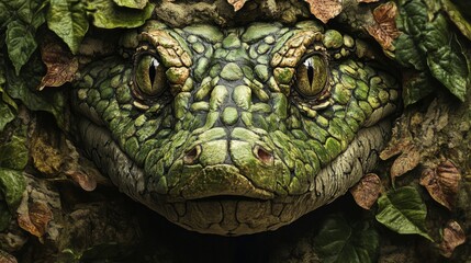 Closeup of a Camouflaged Green Snake Among Leaves