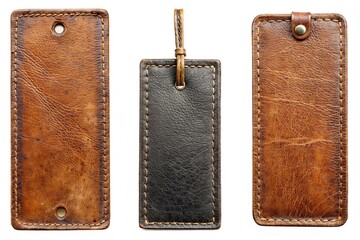 Three leather tags with a black and brown design. The tags are sewn together and have a leather texture