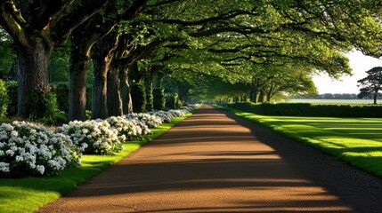 Fototapeta premium A picturesque pathway lined with lush trees and blooming flowers, creating a serene atmosphere perfect for leisurely walks.