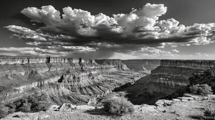 Dramatic Monochrome Landscapes Capturing Grand Canyon and Majestic Cloud Bursts in Vast Skies Above Colorado Plateaus