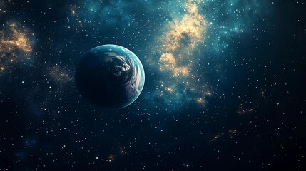 Obraz premium A planet is floating in space with a lot of stars around it. The planet is the main focus of the image, and the stars are scattered around it, creating a sense of depth