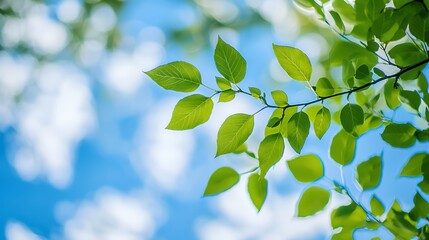 Bright Green Leaves on Branch Against Blue Sky