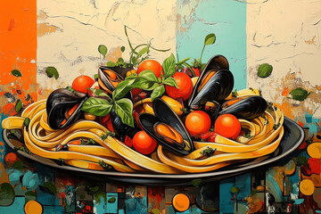 Plate of pasta topped with mussels and fresh herbs, beautifully arranged on a rustic wooden table.