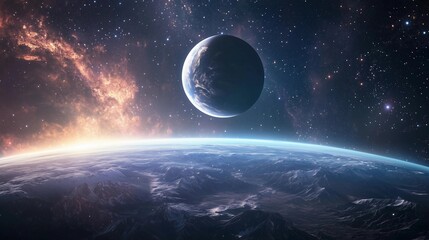 A planet with a large moon in the sky. The planet is surrounded by a lot of stars