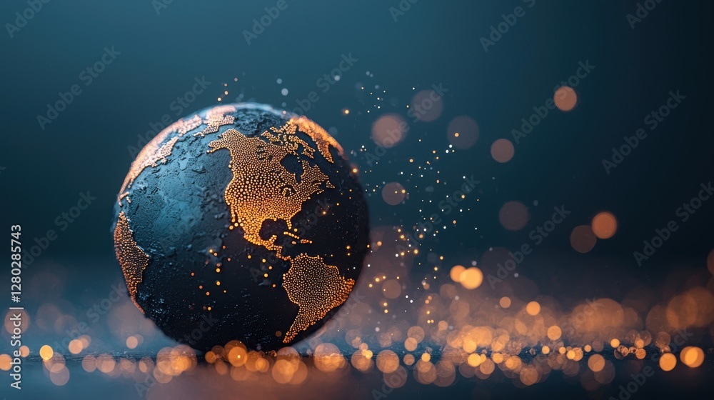 Poster glowing globe with interconnected devices and data streams flowing at high speed, symbolizing the gl