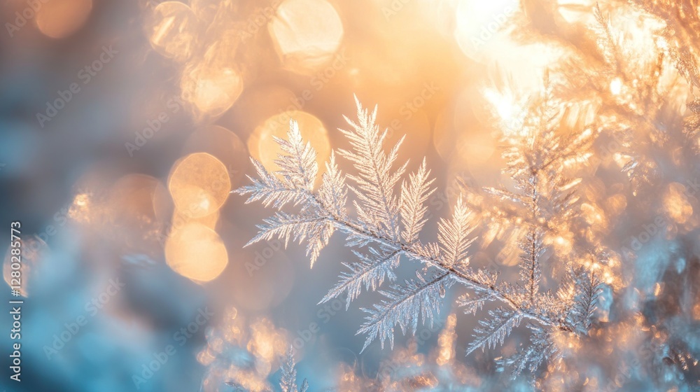 Poster Close-up of a frost-covered branch with a soft, warm light bokeh background.