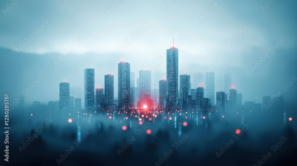 Poster futuristic city with interconnected devices and sensors collecting and exchanging data, visualizing 