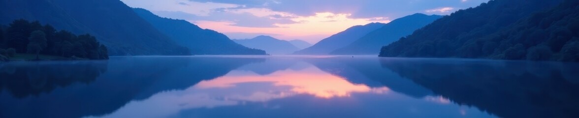 Pre-dawn lake, blue hour, still waters, soft light , shades, peaceful, outdoor