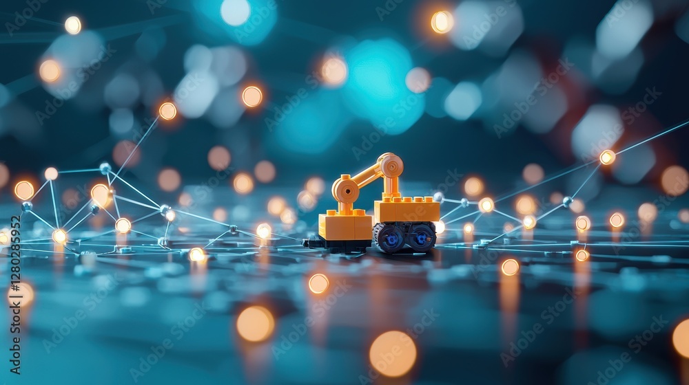 Wall mural industrial setting with glowing machines and robots connected through a network, representing the ro