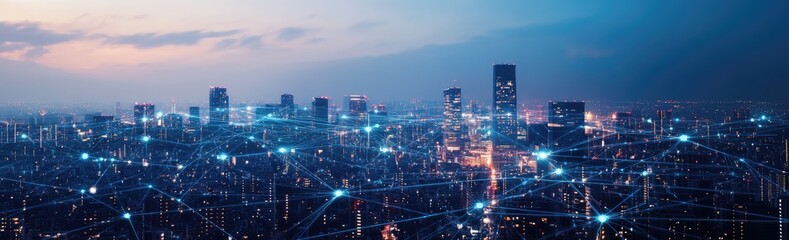 Fototapeta premium Futuristic city network at twilight