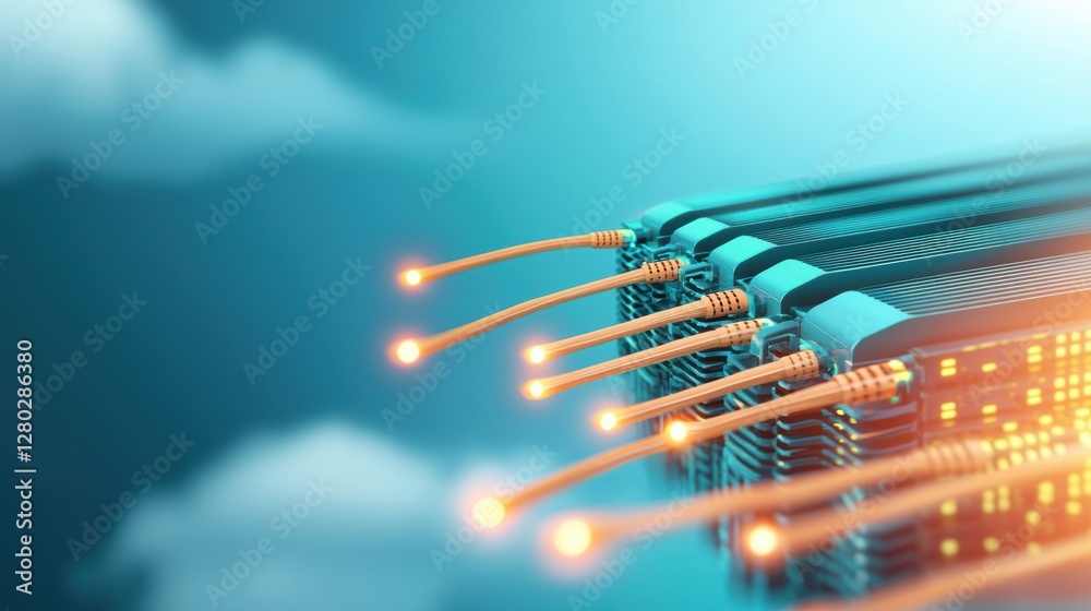 Poster close up shot of a server rack with glowing lights and data cables, representing the physical infras